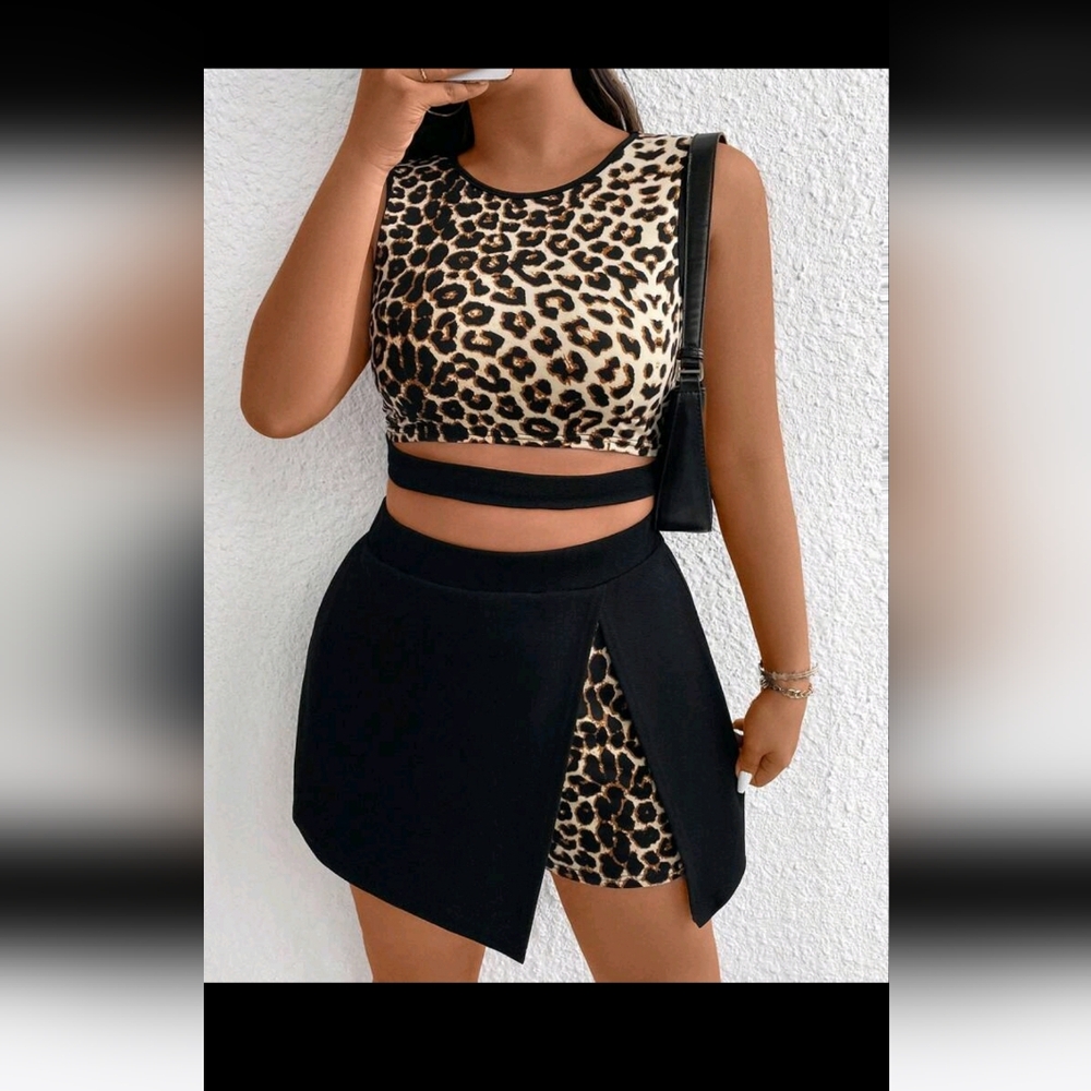 Chic Leopard Print Crop Top and Skirt Set